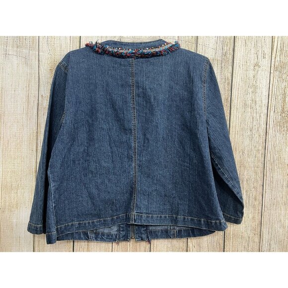 Vtg Boho Denim Jacket Sz 14 Blue Jean Full Zip Embellished Fringe‎ Beads Hippie - Picture 6 of 6
